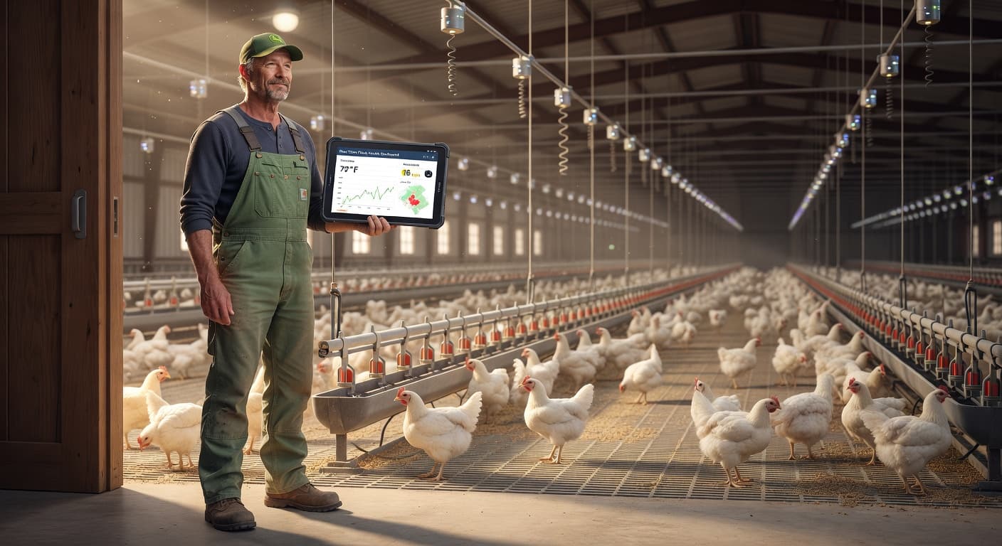 Farmer using FlockIQ dashboard on tablet