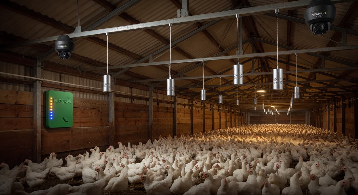 Poultry farm setting with monitoring equipment