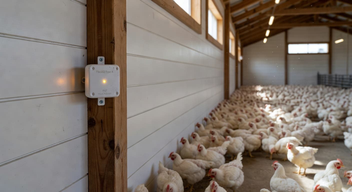 FlockIQ sensor installed in poultry house